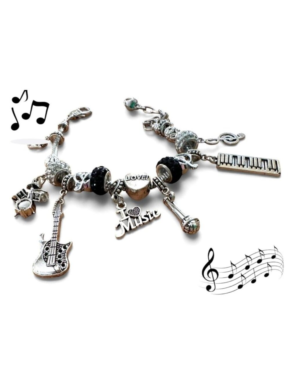 Musical Notes Charm Bracelet Musician Band Guitar Drums Microphone Rhinestones